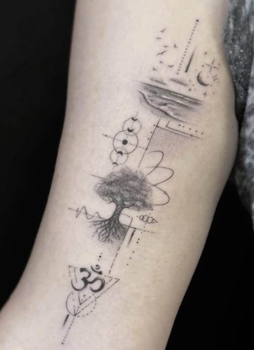 A minimalist black and grey tattoo on the forearm featuring a tree with roots, geometric patterns, and dotwork elements — by Jian Liang, los angeles