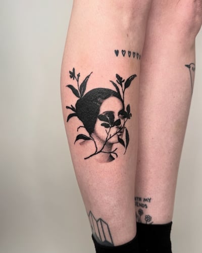 blackwork woman with leaves tattoo — by Level tattoo, los angeles