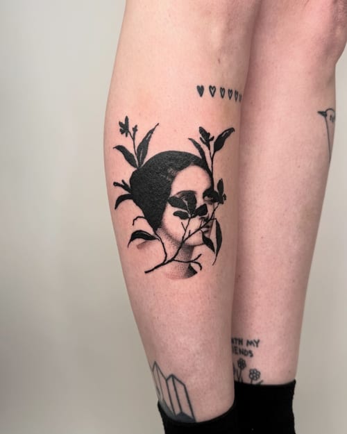 blackwork woman with leaves tattoo — by Level tattoo, los angeles