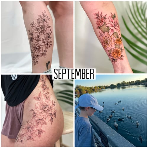 A delicate floral arrangement tattoo on the leg, featuring both black and grey and colorful flowers in a fine line style — by Melanie Benoit, los angeles