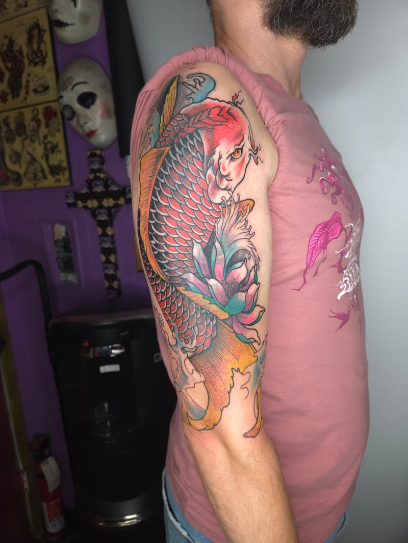 full-color japanese koi fish and water sleeve tattoo by ashynuckles, a japanese tattoo artist in eagle rock, los angeles