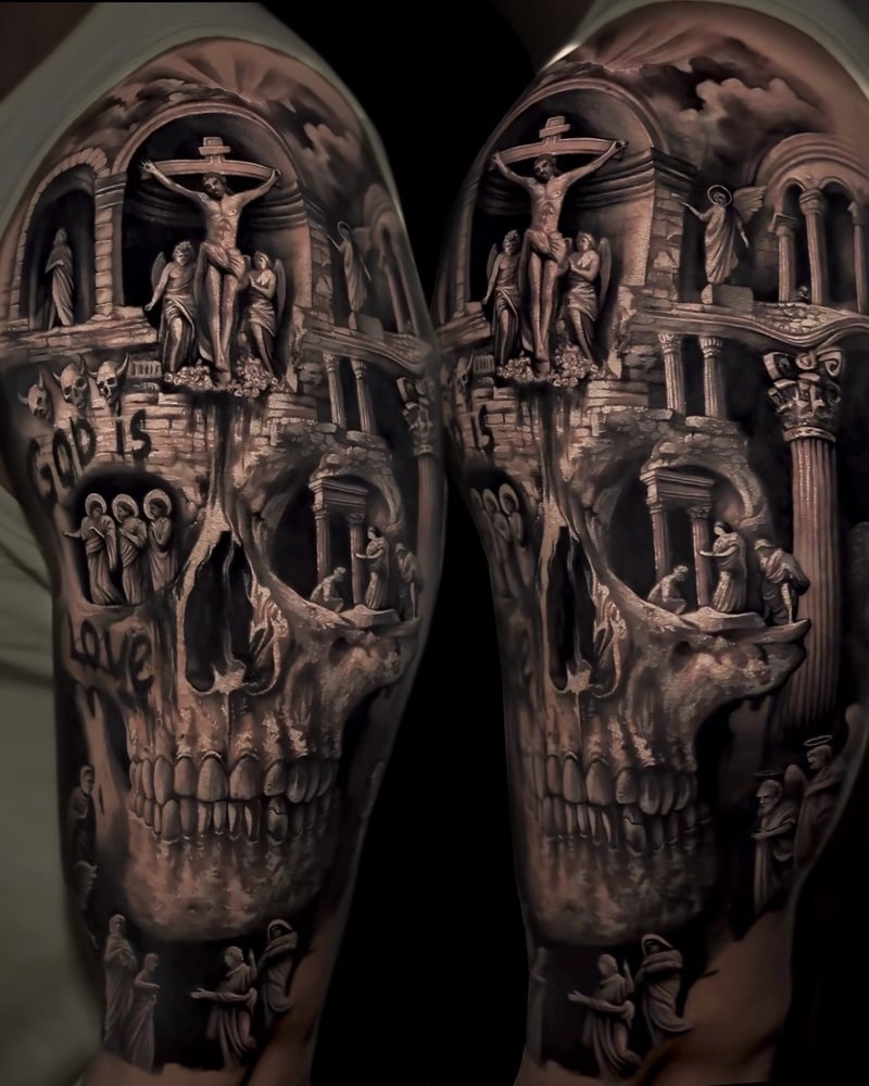black and grey realism half sleeve tattoo of a crucifixion scene built into a giant skull by Vladimir Kozachenko, a realism tattoo artist in beverly grove, los angeles