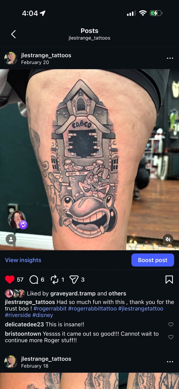 A colorful Neo-Traditional tattoo of Roger Rabbit with a building in the background on the thigh, featuring bold outlines and vibrant colors — by Jessica Linden, riverside, ca