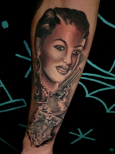 A realistic portrait of a woman with a gun on the forearm, featuring detailed shading and a mix of color and black and grey elements — by Josue Bravo, los angeles