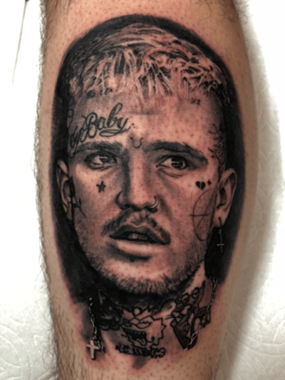 A black and grey realism portrait of a man with detailed facial features and tattoos on the calf — by tyler_whitlock, los angeles