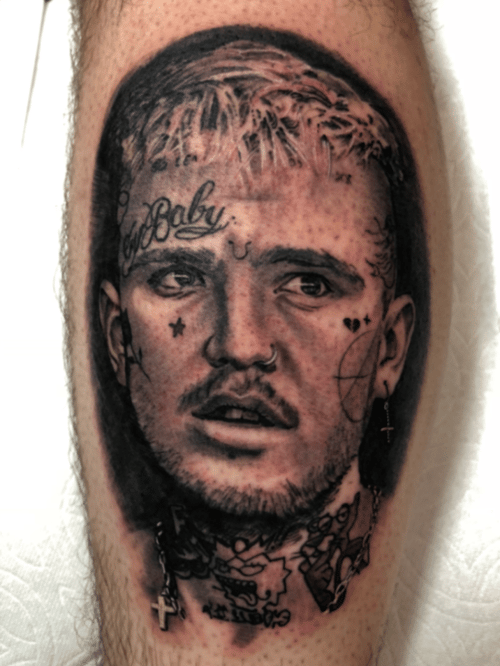A black and grey realism portrait of a man with detailed facial features and tattoos on the calf — by tyler_whitlock, los angeles