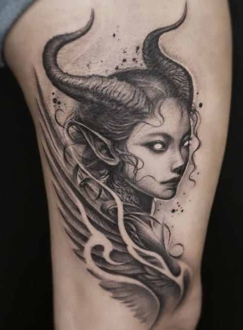 A black and grey surrealistic tattoo of a horned, mythical woman on the thigh, featuring detailed shading and ethereal elements — by Jian Liang, los angeles