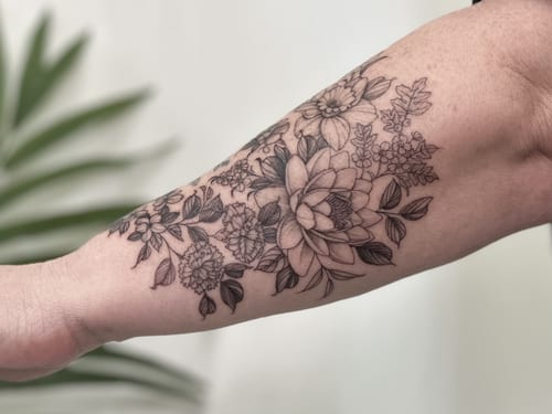 A delicate black and grey floral arrangement tattoo on the forearm, featuring fine line work and intricate details — by Melanie Benoit, los angeles