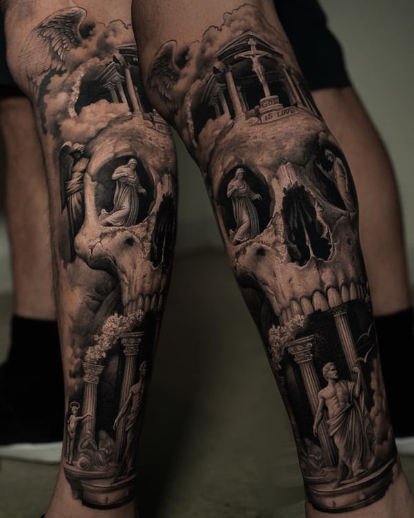 A detailed black and grey tattoo featuring a skull with statues and architectural elements on the leg, creating a dark and ornate design — by Vladimir Kozachenko, los angeles
