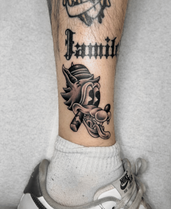 neo-traditional cartoon wolf smoking tattoo — by Engram, tarzana, ca