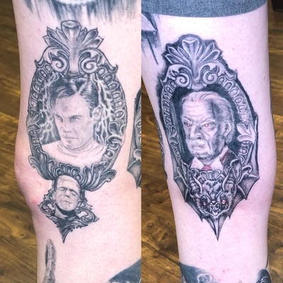 Black and grey portraits in ornate frames on the leg, featuring detailed facial expressions and horror elements — by Sandra Price, los angeles