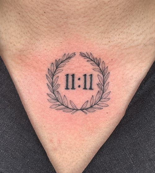 minimalist 11:11 with laurel wreath tattoo — by Vince Espinoza, los angeles
