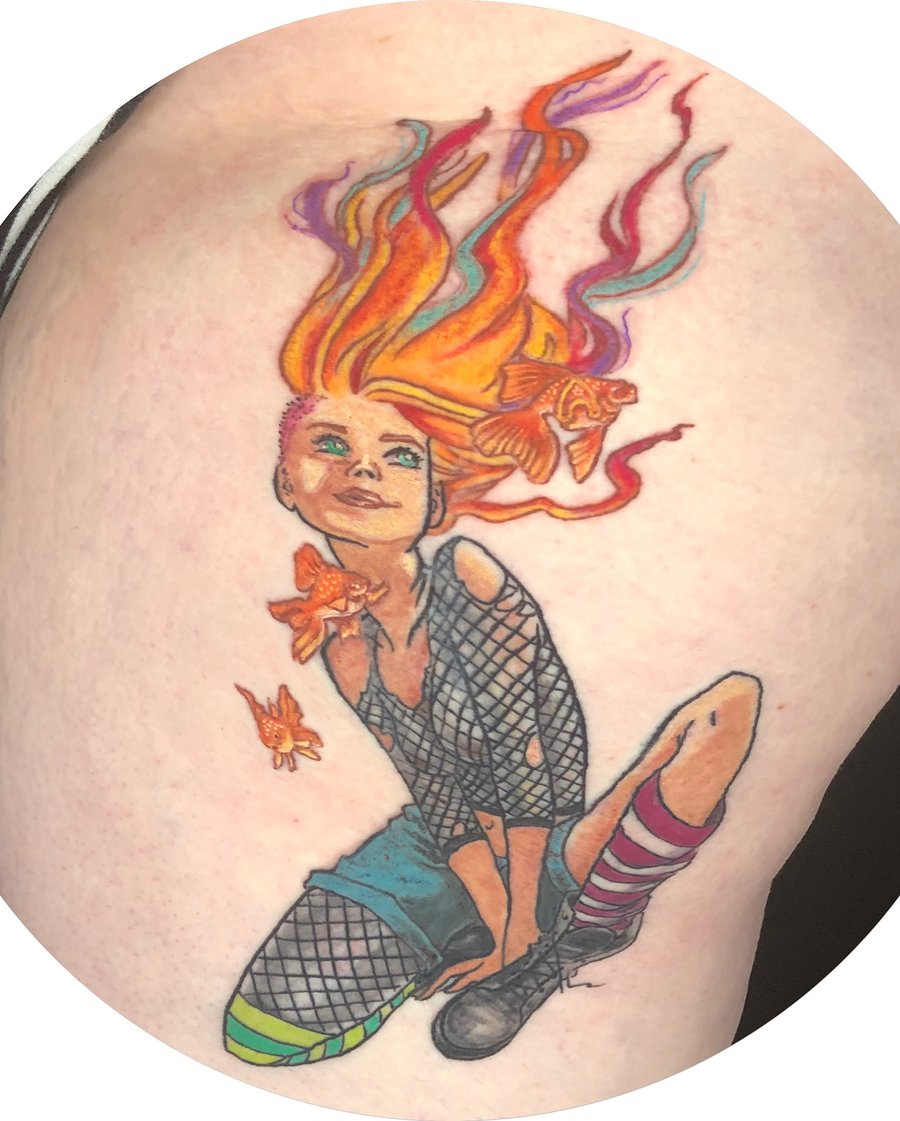 A colorful illustrative tattoo of a woman with flowing hair and fish, featuring bold and whimsical elements — by Sandra Price, los angeles