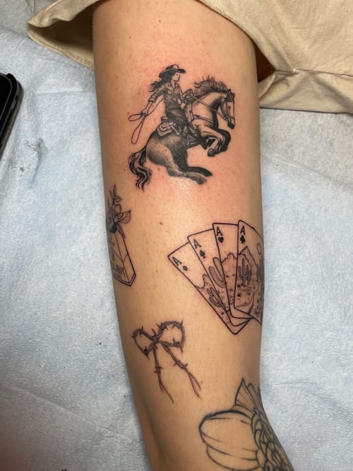 blackwork cowboy on horse tattoo — by Vince Espinoza, los angeles