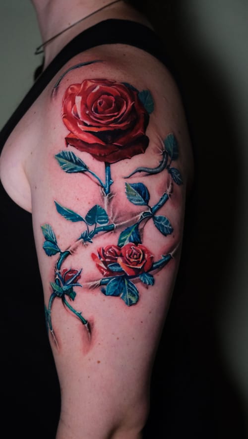 A realistic color tattoo of red roses with green leaves on the upper arm, featuring detailed shading and vibrant colors — by Nik Lucas, los angeles