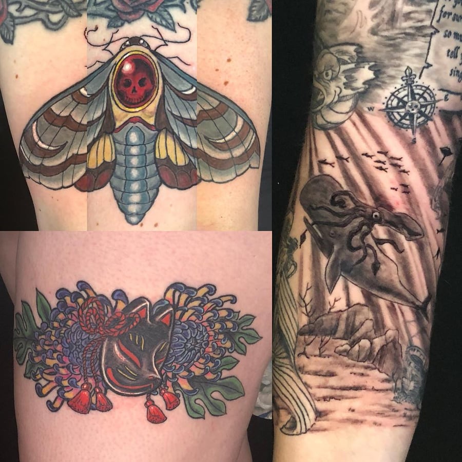 A collection of tattoos including a colorful moth with a skull, a Japanese mask with flowers, and a black and grey giant squid scene — by Sandra Price, los angeles