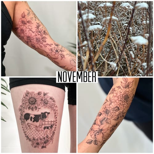 A series of black and grey fine line tattoos featuring floral designs on the arm and a cow scene surrounded by flowers on the thigh — by Melanie Benoit, los angeles