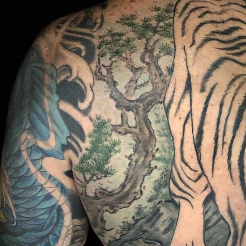 A colorful Japanese-style tattoo featuring a dragon and tree on the back, with intricate details and bold lines — by Sandra Price, los angeles