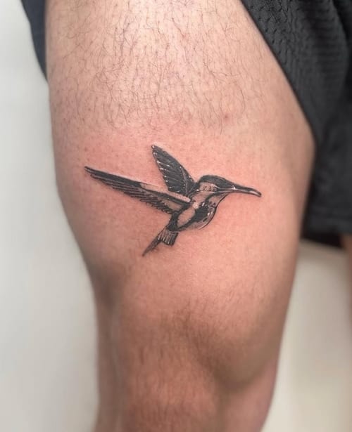 A minimalist black and grey tattoo of a hummingbird on the thigh, featuring clean lines and simple shading — by Level tattoo, los angeles