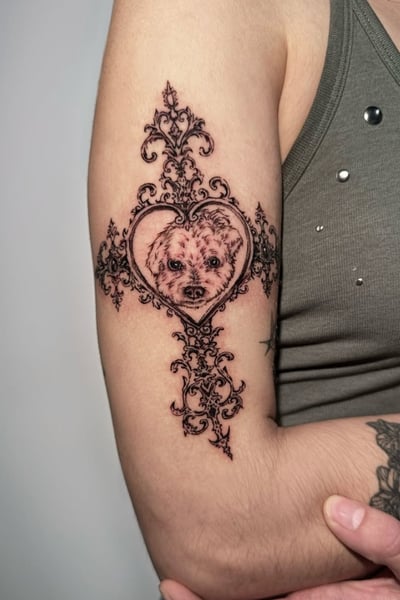 A fine line black and grey tattoo of an animal's face within an ornate heart design on the upper arm — by Shelby Bianco, los angeles