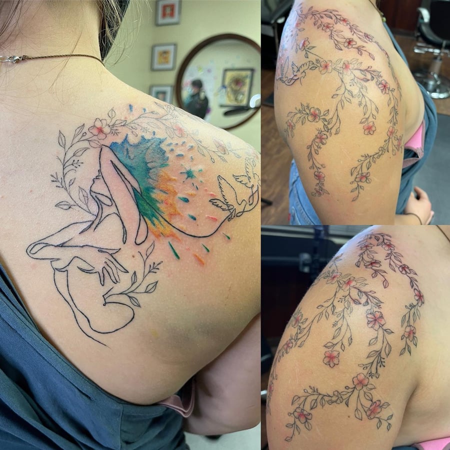 An abstract depiction of a woman with floral and bird elements in a fine line and watercolor style on the shoulder — by Sandra Price, los angeles