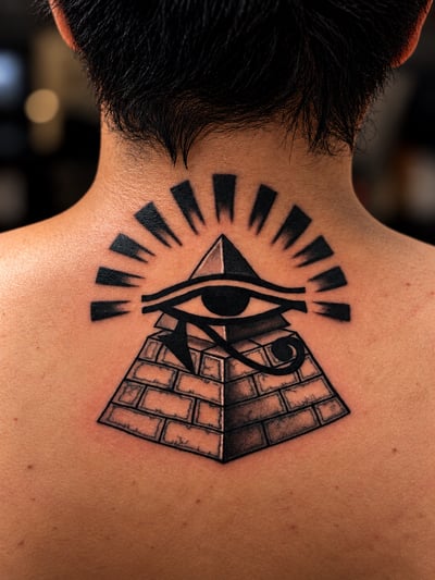 A bold black and grey Eye of Providence on a pyramid tattoo on the back, featuring graphic geometric elements — by HEAVY INK, los angeles