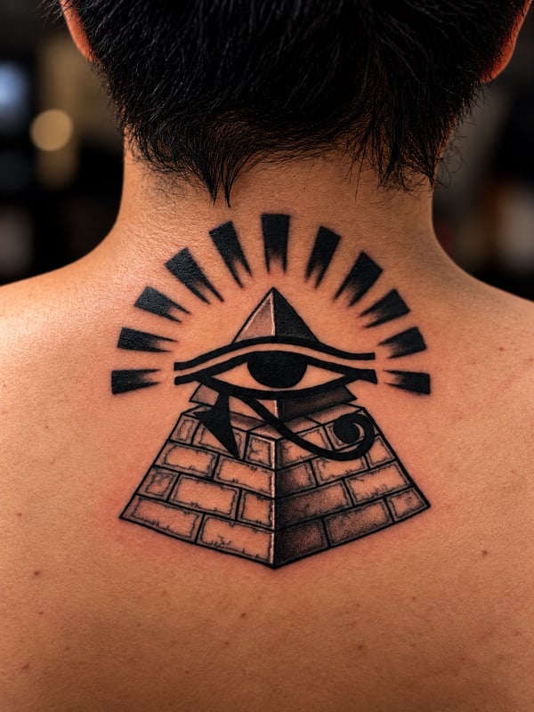 A bold black and grey Eye of Providence on a pyramid tattoo on the back, featuring graphic geometric elements — by HEAVY INK, chino, ca