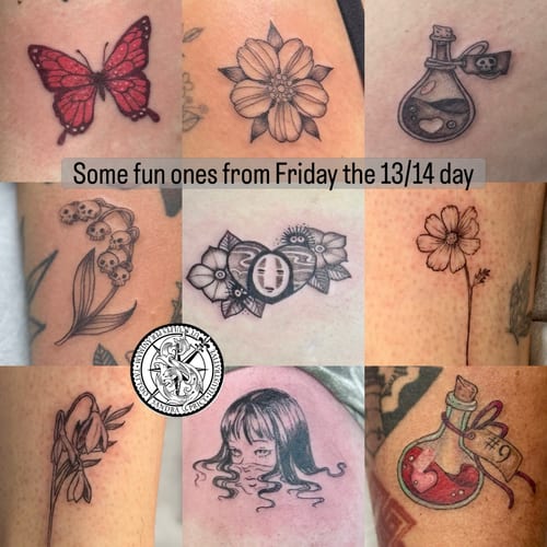 A collection of small tattoos including a red butterfly, blackwork flowers, a potion bottle, and a woman's face, showcasing a whimsical and delicate style — by Sandra Price, los angeles