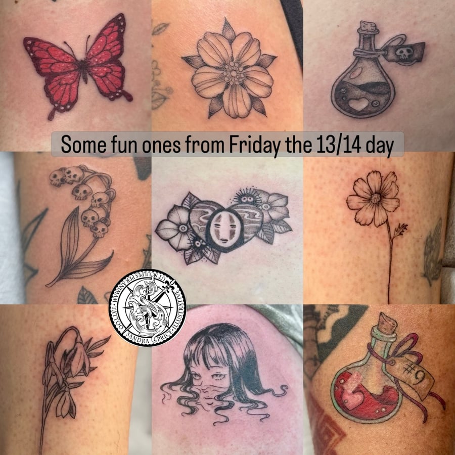 A collection of small tattoos including a red butterfly, blackwork flowers, a potion bottle, and a woman's face, showcasing a whimsical and delicate style — by Sandra Price, los angeles