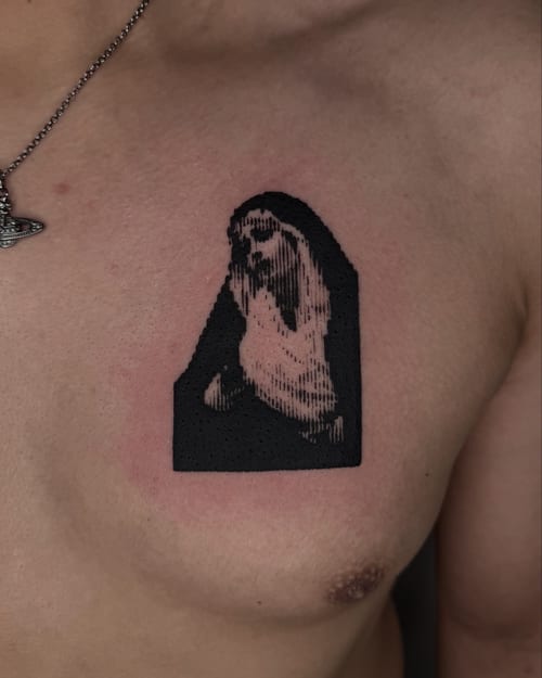 blackwork woman in veil tattoo — by Level tattoo, los angeles