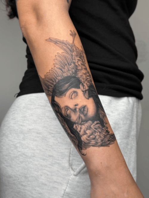 black & grey woman with bird tattoo — by lunayflorestattoo, los angeles