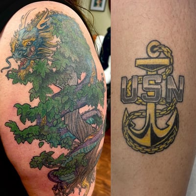A colorful Japanese-style dragon entwined with a tree on the upper arm, featuring bold and ornate details — by Sandra Price, los angeles