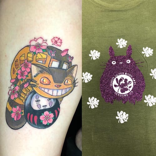 A colorful anime-style tattoo of a catbus with flowers on the arm, featuring bold outlines and vibrant colors — by Sandra Price, los angeles