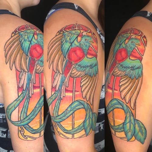 A colorful neo-traditional bird tattoo on the upper arm, featuring vibrant feathers and ornate leaves — by Sandra Price, los angeles