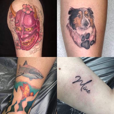 A collection of tattoos including a colorful Japanese demon mask, a realistic dog portrait with a paw print, a shark with a fish, and script lettering reading 'Mine' — by Sandra Price, los angeles