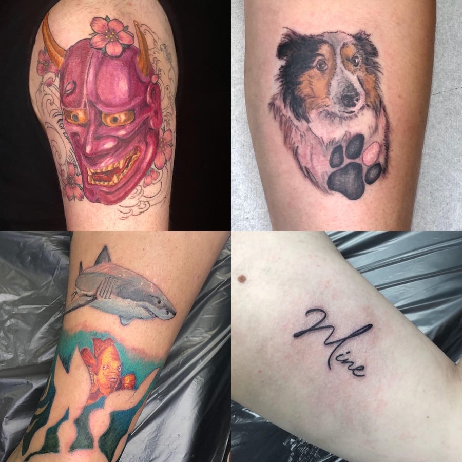A collection of tattoos including a colorful Japanese demon mask, a realistic dog portrait with a paw print, a shark with a fish, and script lettering reading 'Mine' — by Sandra Price, los angeles