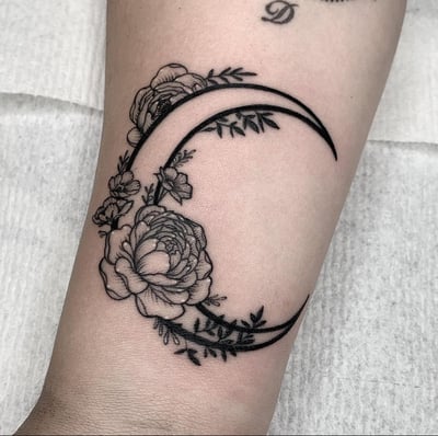 fine line crescent moon with flowers tattoo — by Vince Espinoza, los angeles