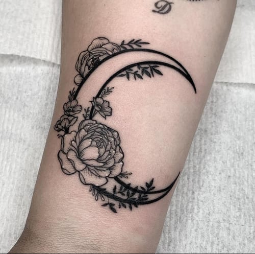 fine line crescent moon with flowers tattoo — by Vince Espinoza, los angeles
