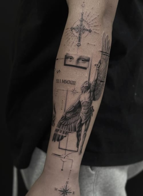 A detailed black and grey tattoo on the forearm featuring an angel, compass, and script with fine line work and realistic shading — by Jian Liang, los angeles