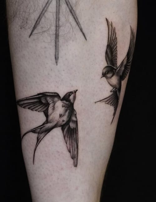 A black and grey fine line tattoo of two realistic birds in flight on the forearm, showcasing detailed shading and line work — by Jian Liang, los angeles