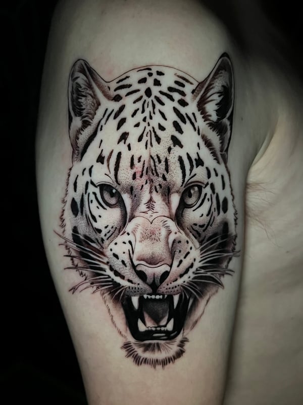 A realistic black and grey tattoo of a leopard's face on the upper arm, showcasing detailed shading and lifelike features — by Josue Bravo, los angeles