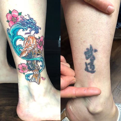 A colorful Japanese style tattoo featuring a koi fish and dragon with flowers on the leg — by Sandra Price, los angeles