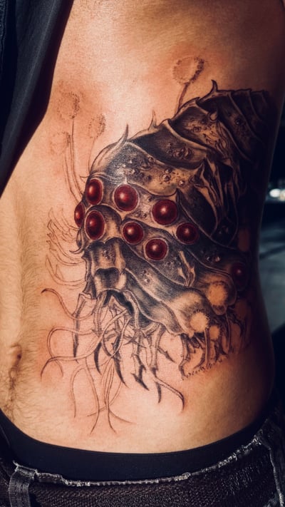 A surreal and dark art tattoo of a large insect-like creature with multiple red eyes on the rib, featuring intricate blackwork and subtle color accents — by zitronxus, los angeles