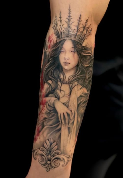 A black and grey realism tattoo of a woman wearing a crown on the forearm, featuring detailed shading and intricate line work — by Jian Liang, los angeles