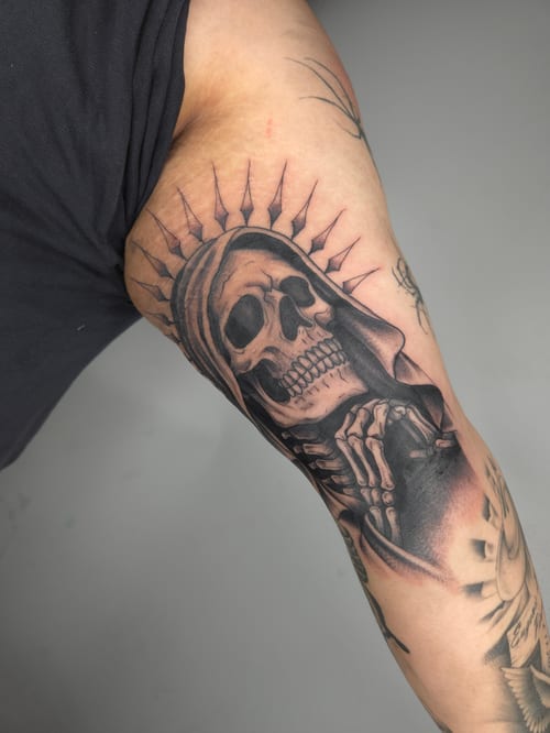 black & grey skeleton in robe tattoo — by ashynucklestattoo, los angeles