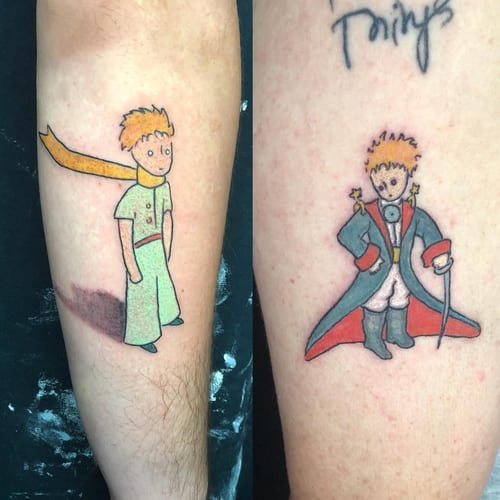 A colorful tattoo of The Little Prince on the forearm, featuring an illustrative style with whimsical details — by Sandra Price, los angeles