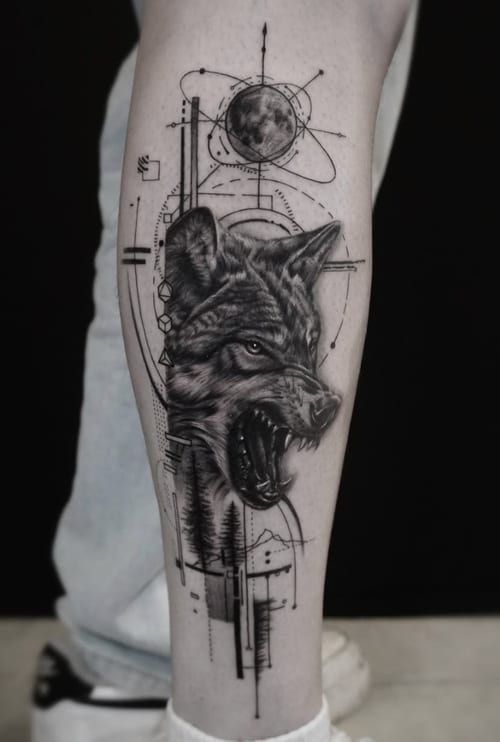 A black and grey tattoo of a realistic wolf with geometric elements and a moon on the calf, featuring intricate details and shading — by Jian Liang, los angeles