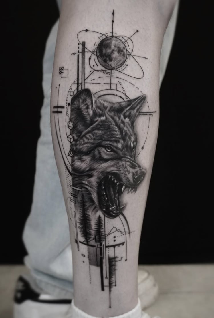 A black and grey tattoo of a realistic wolf with geometric elements and a moon on the calf, featuring intricate details and shading — by Jian Liang, los angeles