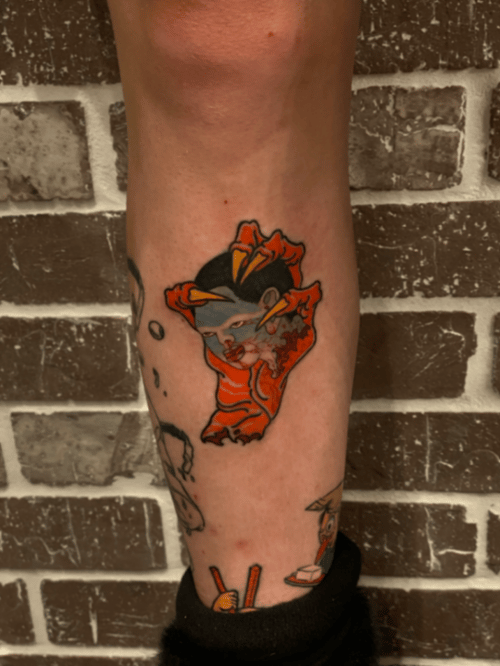 A colorful Japanese-style tattoo of a woman on the leg, featuring bold outlines and vibrant colors — by tyler_whitlock, los angeles
