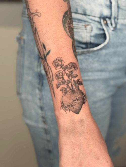 blackwork heart with roses tattoo — by Samantha Wilks, los angeles